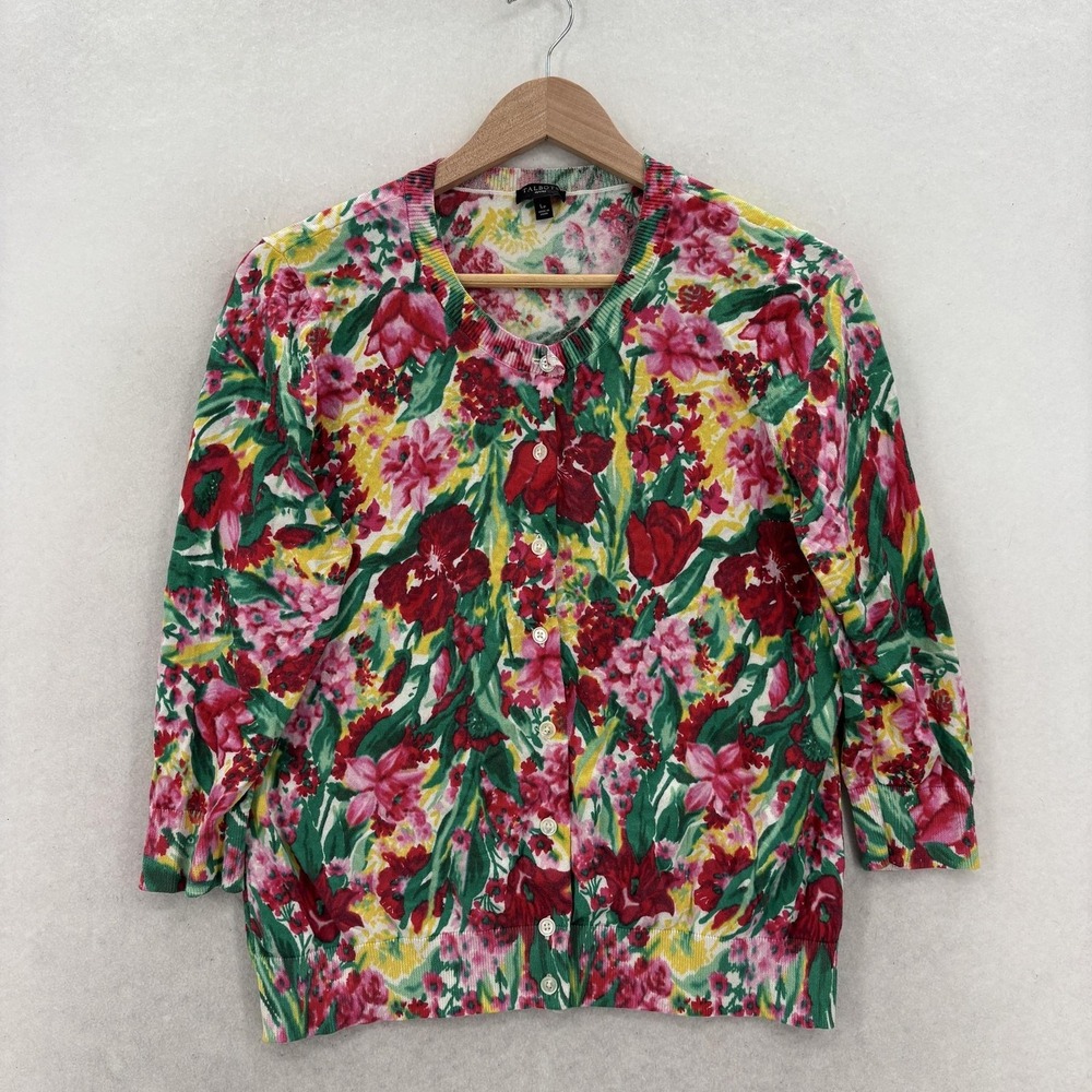 Talbots Cardigan Womens PL Multicolor Floral Button Front Knit Crew Neck Career